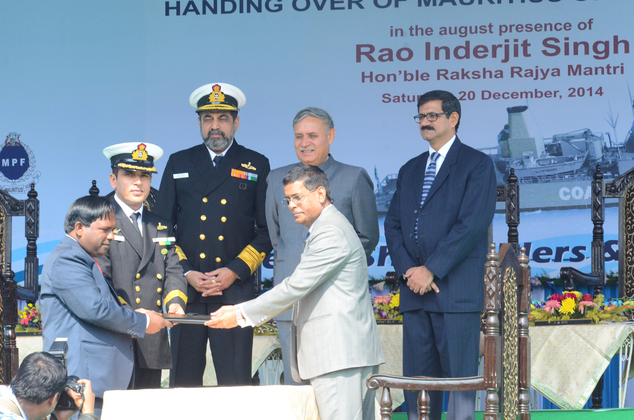 Rao Inderjit Singh at the handing over ceremony of the Mauritius Offshore Patrol Vessel (MOPV) “Barracuda”