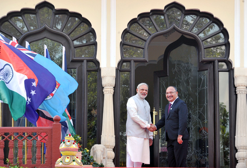 PM Narendra Modi receiving the delegates for the FIPIC Summit 2015