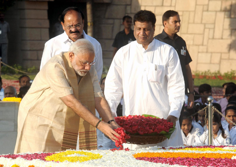 PM Modi paying floral tributes at the Samadhi of Mahatma Gandhi on his 146th birth anniversary