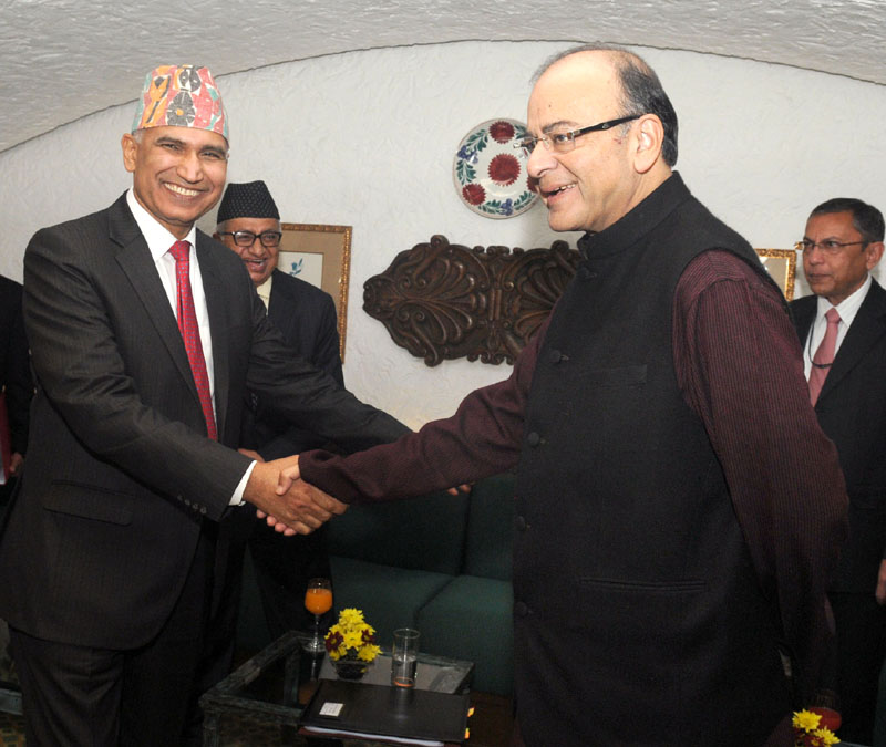 Finance Minister of Nepal,Bishnu Prasad Paudel calls on the Union Minister for Finance, Arun Jaitley.